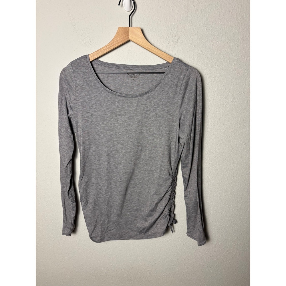 Athleta Encore Long Sleeve Cinch Top Grey Ruched Side Tie Yoga Shirt S 383762